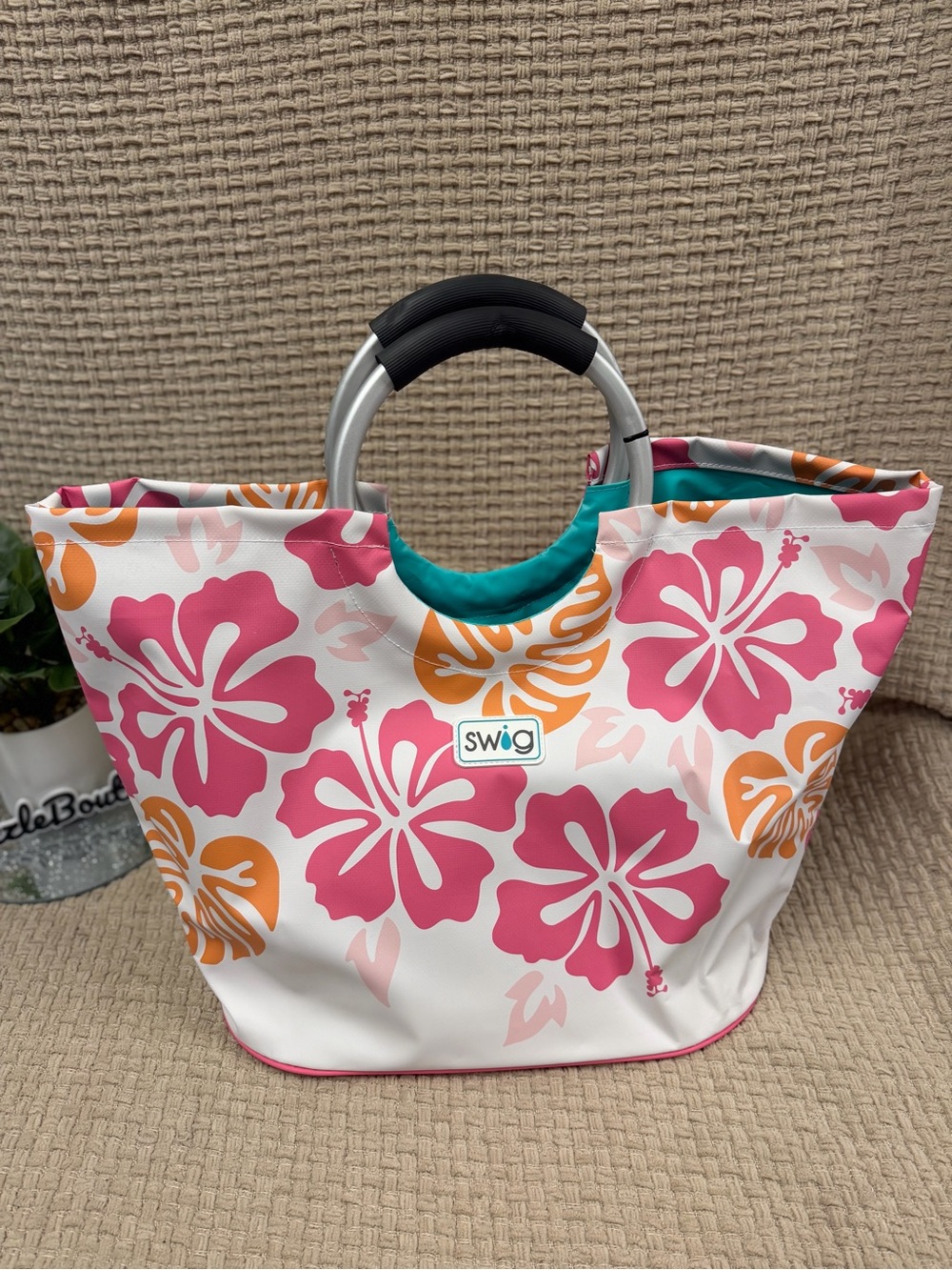 Swig Pink & Orange Hibiscus Tote with Aluminum Handles